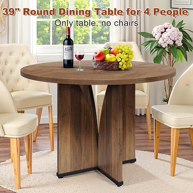 Round Dining Table for 4, 39 Inch Small Dinner Table Farmhouse Wooden Circle Kitchen Tables with Cross Base for Dining Room, Kitchen, Living Room, Brown