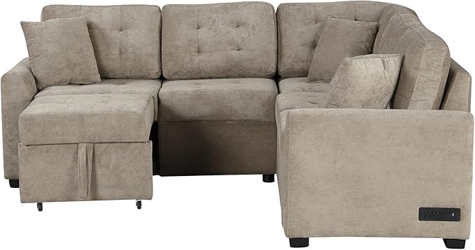 82" Convertible Sleeper Sofa with Pull-Out Bed,L-Shape Chaise Couch W/USB Ports & Power Sockets,Space Saving,Easy Assembly,Modern Corner Reversible Furniture Set for Living Room,Khaki Velvet