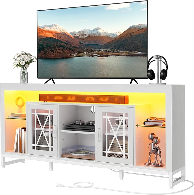 YITAHOME 33.5'' Tall TV Stand for 75 inch TV, LED Entertainment Center with Storage, Black TV Stands for Living Room with Acrylic Doors & Power Outlets, Tall TV Console Cabinet, White