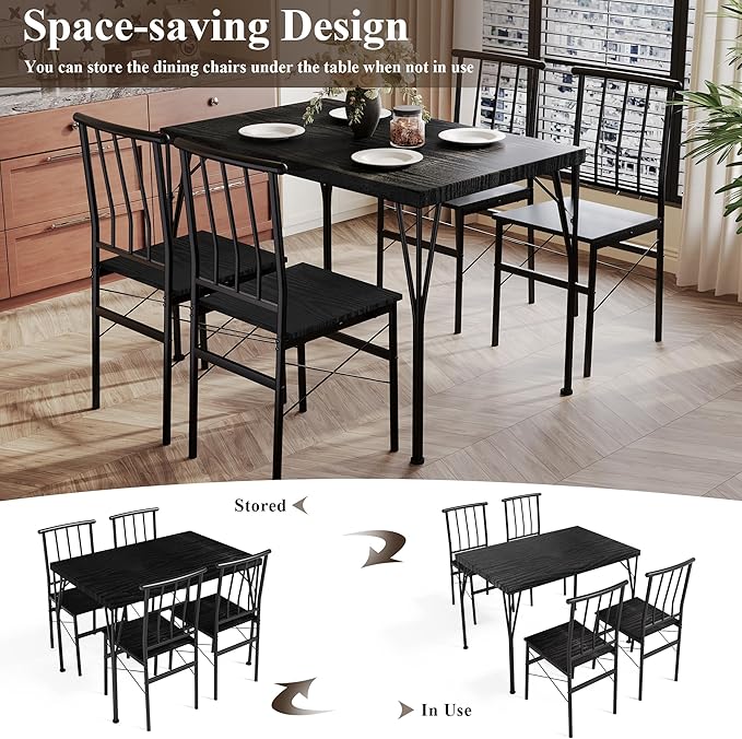 5 Piece Dining Table Set with 1.6" Thick Desktop, Modern Metal&Wood Kitchen Dinner Table with 4 Chairs, Dining Room Table Sets for Small Spaces, Black