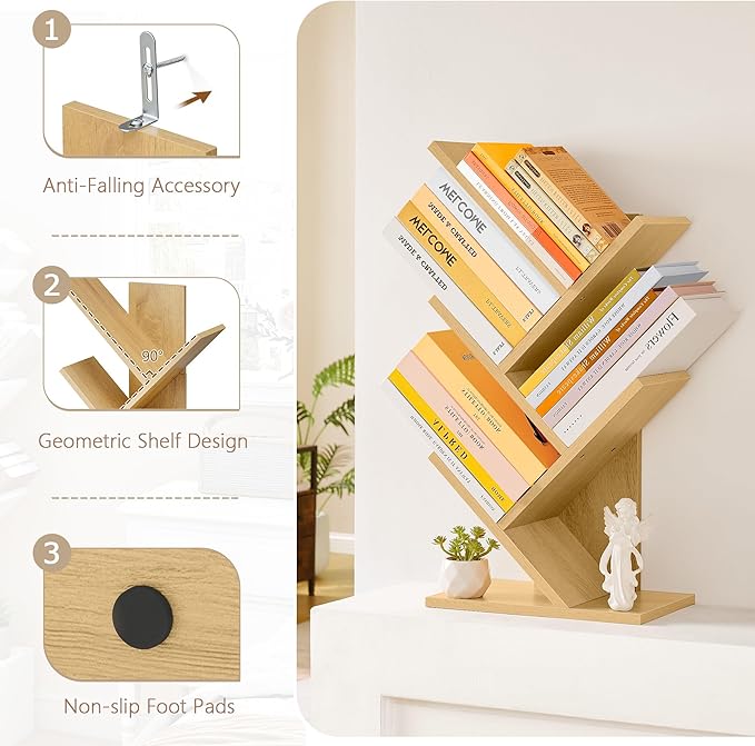 Hoctieon 4 Tier Tree Bookshelf, 4 Shelf Bookcase, Free Standing Tree Bookcase, Display Floor Standing Shelf for Books, Book Organizer Shelves for Home Office, Living Room, Bedroom, Yellow