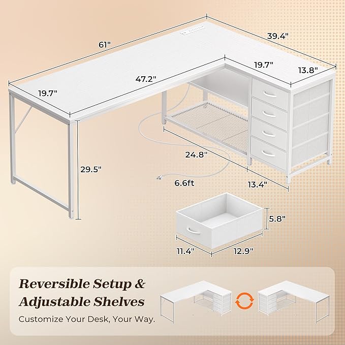 PRAISUN 61" L Shaped Desk with Power Outlets and USB-C Port, Reversible Computer Corner Office Desk with 4 Fabric Drawers and 2 Height-Adjustable Shelves, Large for Gaming Writing Work Study, White