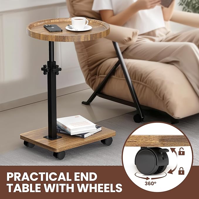 PPAMAPIC C Shaped End Table Adjustable Height, 360°Swivel TV Tray Table for Small Spaces, Side Table for Living Room, Couch Tables That Slide Under for Sofa Bed Chair
