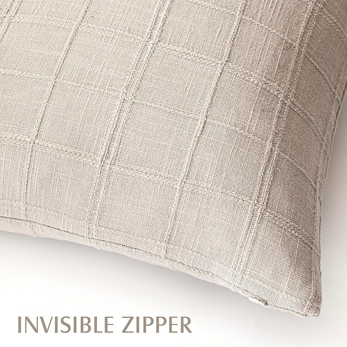 Foindtower Set of 2 Decorative Linen Check Throw Pillow Covers Neutral Farmhouse Vintage Cushion Covers Modern Boho Home Decor For Sofa Chair Couch Bedroom Living Room Outdoor,18×18 Inch,Natural Linen