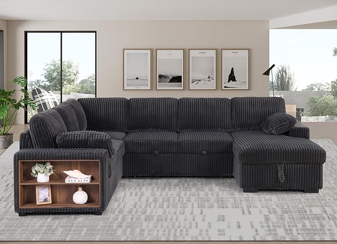 Eafurn Oversized U Shaped Convertible Sleeper Sectional Sofa w/Pull Out Couch Bed, 6 Seater Corduroy Upholstered Corner Lounge Sofa Couch Sleeper Sofabed w/Storage Chaise,Shelves