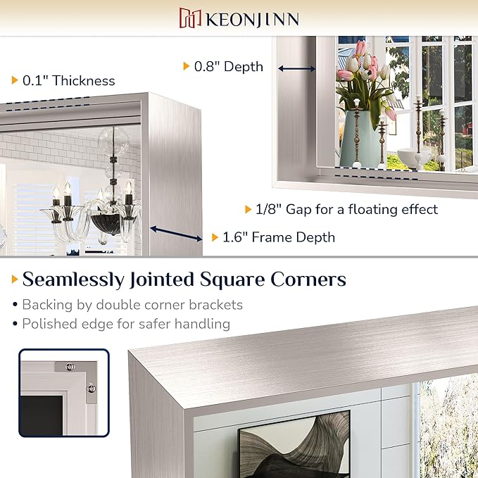 Keonjinn Brushed Nickel Bathroom Mirror for Wall 28 x 36 in, Rectangular Metal Framed Silver Mirror for Vanity Square Corner Aluminum Alloy Rectangle Modern Mirror for Over Sink(Horizontal/Vertical)