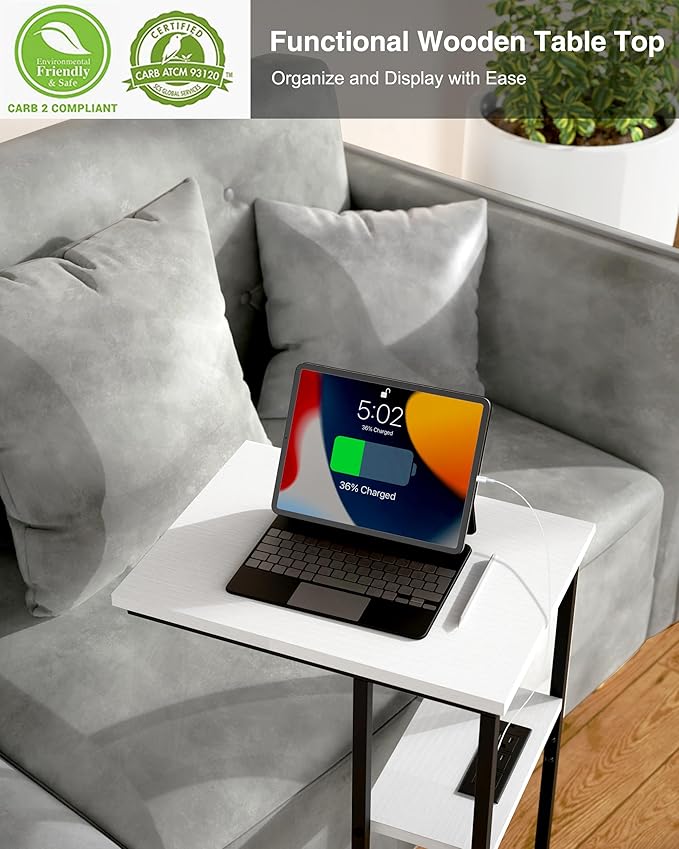 Innerjoin Side Table with Charging Station Set of 2, C Shaped End Table with LED Light Strip, Fast Charge USB A&C Ports, Small Sofa Snack Laptop Side Table for Living Room Bedroom, White