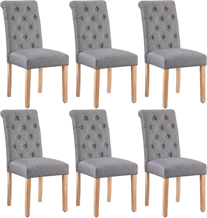 Yaheetech Dining Chairs Set of 6 Fabric Upholstered Dining Room Chairs with Button Tufted High Back and Solid Wood Legs for Kitchen/Living Room/Restaurant, Modern Style, Dark Gray