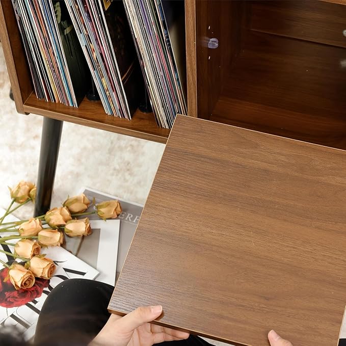 Record Player Table, Mid-Century Record Player Stand with Vinyl Storage Hold Up to 150+ Albums, Vinyl Record Cabinet with Adjustable Shelves, Wood Turntable Stand for Music Living Room (Oak)