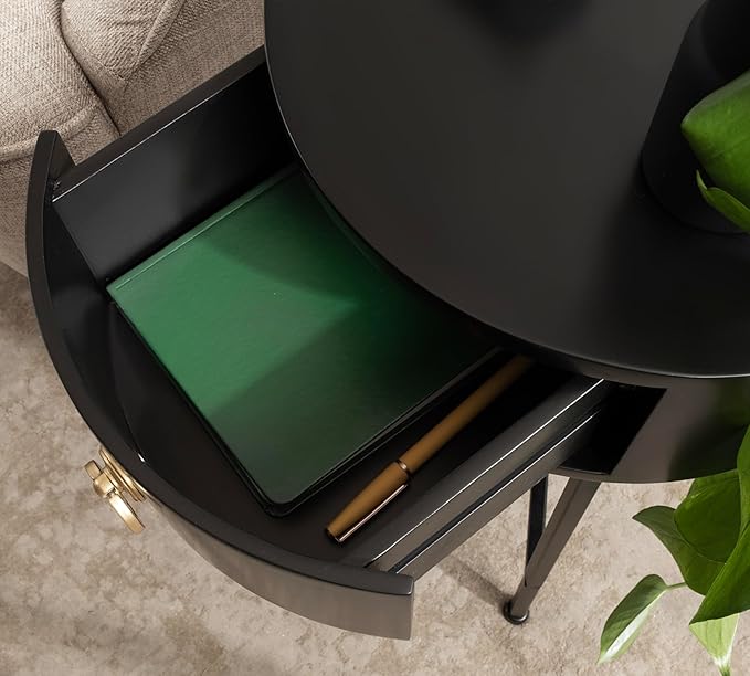 Kate and Laurel Decklyn Decorative Glam Round Side Table, 14 x 14 x 24, Black and Gold, Modern Circle Living Room Table with Pull Drawer for Useful Storage