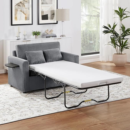 Twin Size Sofa Bed 47.2" Sleeper Sofa Loveseat Sofa with a Foldable Mattress, a Foldable Side Table, a Side Storage Pocket and Two USB Ports for Living Room, Gray