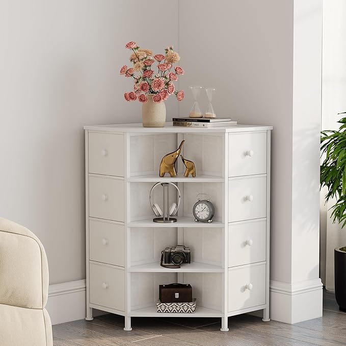 LUMTOK 8 Drawers Corner Dresser with Storage Fabric Drawers and Open Shelves for Small Space，Bedroom，Entryway，Living Room (White)