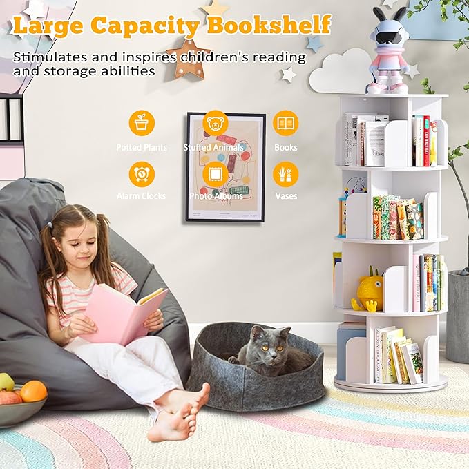 Rotating Bookshelf Tower, 360 Spinning Book Shelf for Kids Rooms, Small Corner Bookshelf for Kids, Round Revolving Bookcase Floor Standing Bookcase Book Storage Classroom Furniture, White, 4 Tier