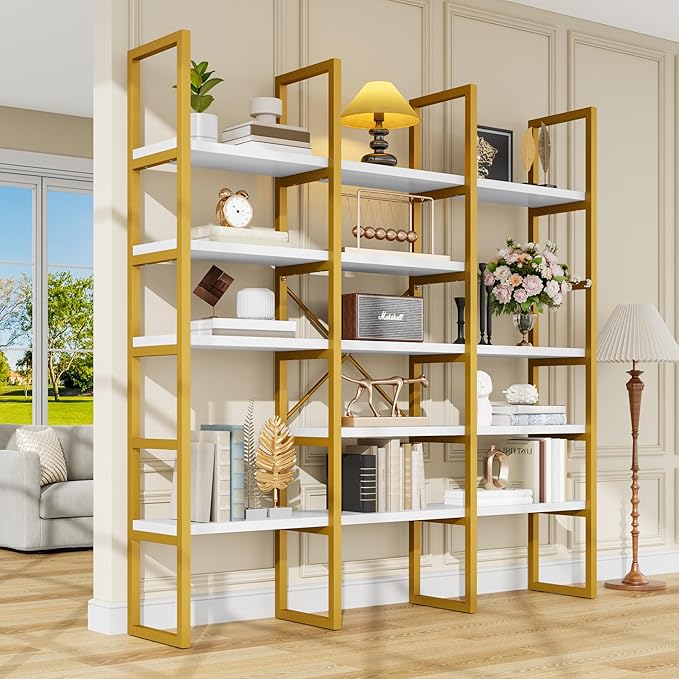 Semoic Large Bookshelf 5 Tiers, Triple Wide Geometric Bookcase, 71 Inches Tall Industrial Book Shelves Etagere Book Case, Sturdy Metal Frame, Freestanding Display Shelving Unit (Gold and White)