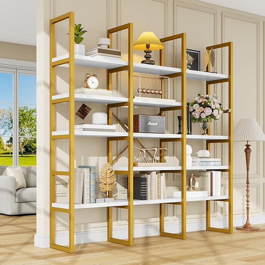 Semoic Large Bookshelf 5 Tiers, Triple Wide Geometric Bookcase, 71 Inches Tall Industrial Book Shelves Etagere Book Case, Sturdy Metal Frame, Freestanding Display Shelving Unit (Gold and White)