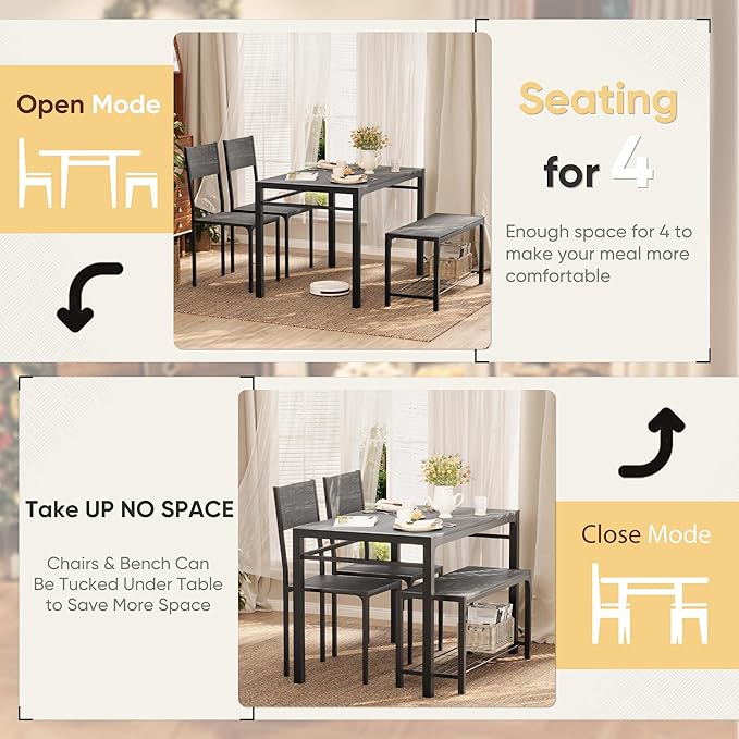 Shahoo Kitchen Table and 2 Chairs for 4 with Bench, 4 Piece Dining Sets for Small Space, Grey Wash