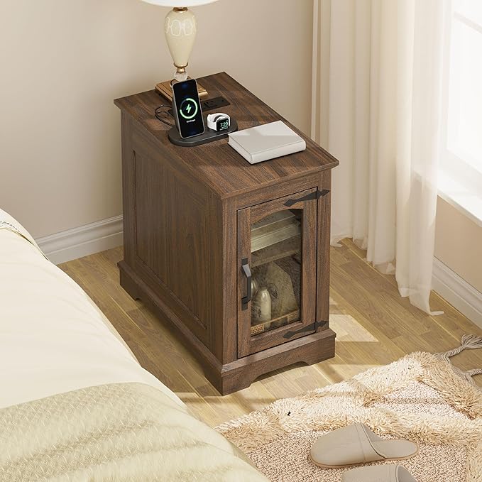 Narrow End Table with Storage, Farmhouse Side Table with Power Outlets & USB Ports, Small Night Stand for Living Room, for Bedroom, Living Room(Glass Door, Walnut)