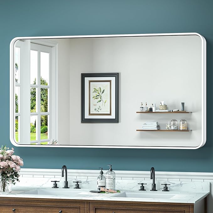 TokeShimi 48 x 24 Inch Bathroom Mirror White Vanity Wall Mirror with Metal Frame Aluminum Alloy Rounded Corner for Modern Farmhouse Wall Decor 1”Deep Set Design (Horizontal/Vertical)