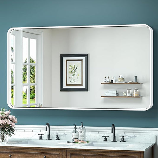 TokeShimi 48 x 24 Inch Bathroom Mirror White Vanity Wall Mirror with Metal Frame Aluminum Alloy Rounded Corner for Modern Farmhouse Wall Decor 1”Deep Set Design (Horizontal/Vertical)