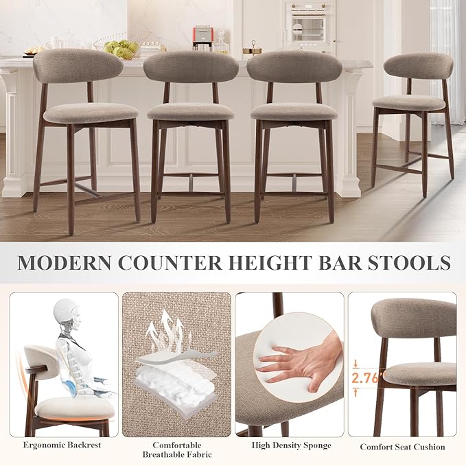 COLAMY Bar Stools Set of 2, Counter Height BarStools with Back, Mid Century Modern Upholstered, with Wood Legs for Kitchen Island Dining Room, Camel