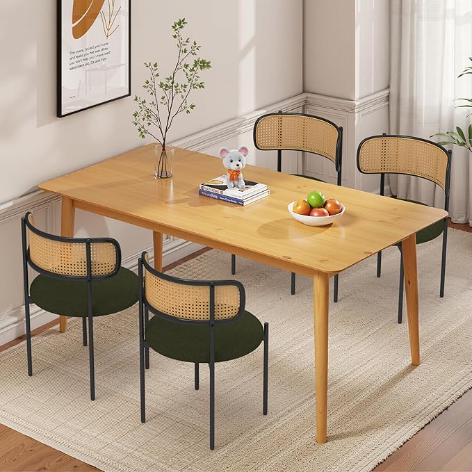 Mid Century Modern Dining Chairs Set of 2 with Rattan Backrest,Velvet Upholstered Accent Kitchen & Dining Room Chairs with Sturdy Metal Frame,Green