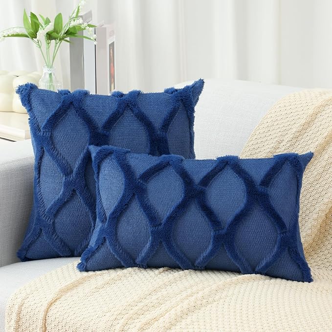 decorUhome Throw Pillow Covers 12x20 Inch Set of 2, Soft Plush Faux Fur Wool Lumbar Dark Blue Couch Pillow Covers, Decorative Neutral Pillow Cases for Bed Sofa Living Room Home Decor