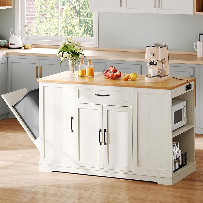YITAHOME 50" Kitchen Island with Power Outlet & Drop Leaf, Rolling Island Cart with Trash Can Cabinet, Mobile Storage Islands with Microwave Rack, Door Storage Spice Rack, Retro White