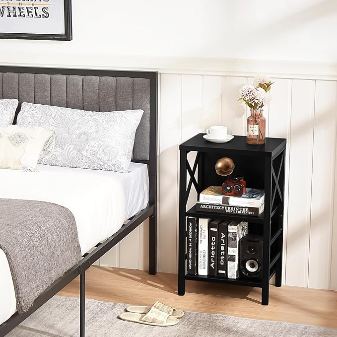 Small Bookshelf,3 Tier Industrial Bookcase with Metal Frame and Backboard,Low Black Book Shelf,Book case for Small Spaces,Living Room,Bedroom and Home Office
