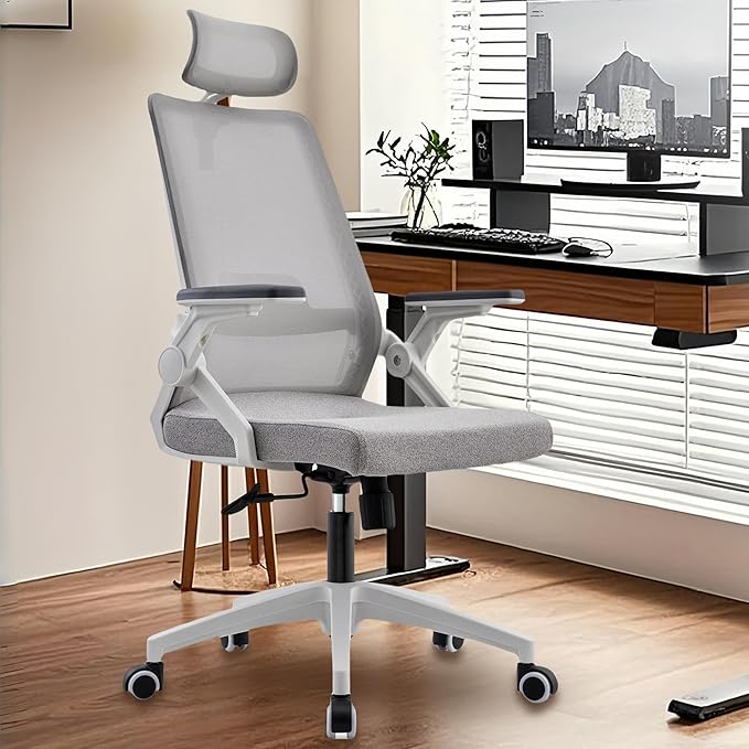 Ergonomic Swivel Task Chair High Back Home Desk Chair Computer Office Chair Mesh Rolling Work Chairs with Headrest and Lumbar Support Grey