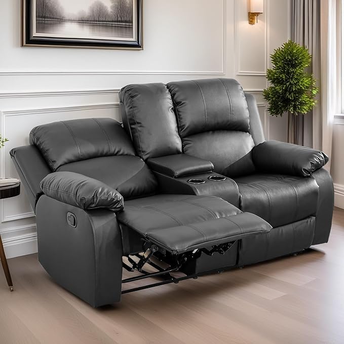 Loveseat Recliner Sofa, Reclining Loveseat Leather Couch with Storage Console, Modern Comfy Home Theater Seating Power Recliner Chair with Cup Holders for Living Room Furniture Sets, Black