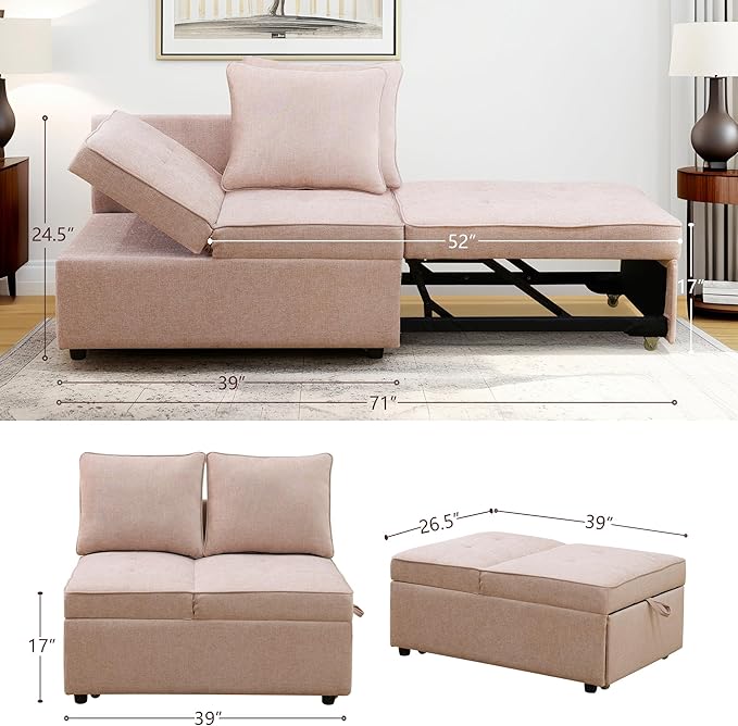Sleeper Sofa, 4-in-1 Convertible Ottoman Couch Bed, Modern Sackcloth Futon Sofa Bed with 2 Pillows Adjustable Backrest, Recliner Folding Loveseat for Living Room, Apartment Dorm, Office,Pink