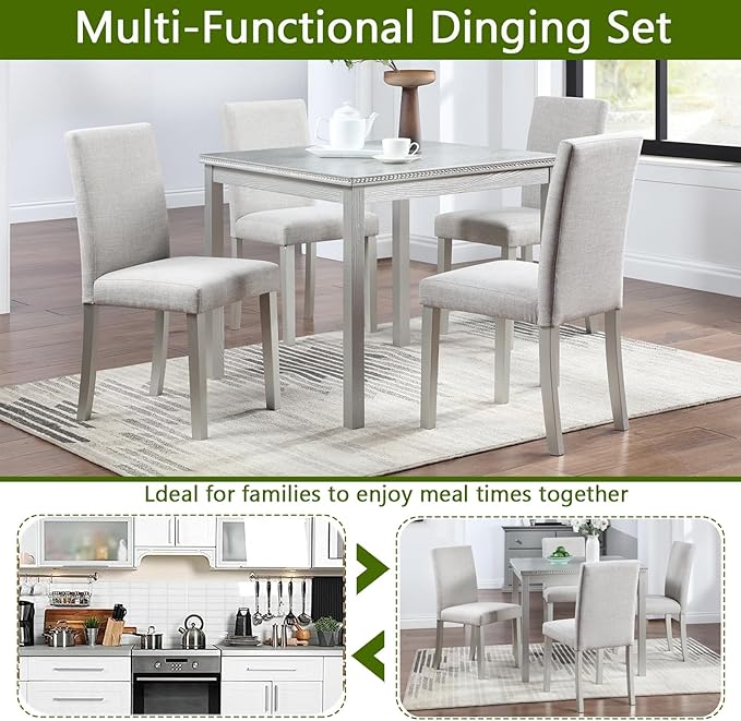 Ball & Cast 5 Piece Dining Table Set,Kitchen Table Set for 4 W/ 34.5" Square Wooden Dining Table,Living Room Furniture W/ 4 Upholstered Chairs,for Dining Room,Kitchen,Restaurant,Silver Gray