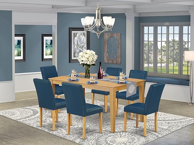 East West Furniture CAAB7-OAK-55 7 Piece Dining Table Set Consist of a Rectangle Dining Room Table and 6 Oasis Blue Faux Leather Upholstered Parson Chairs, 36x60 Inch, Oak