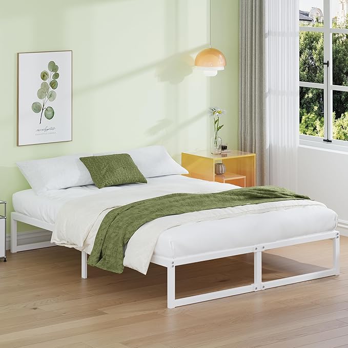 EMODA 12 Inch White Queen Bed Frame, Metal Queen Platform Bed Frame No Box Spring Needed, Heavy Duty Steel Slats Support, Easy Assembly, Noise Free