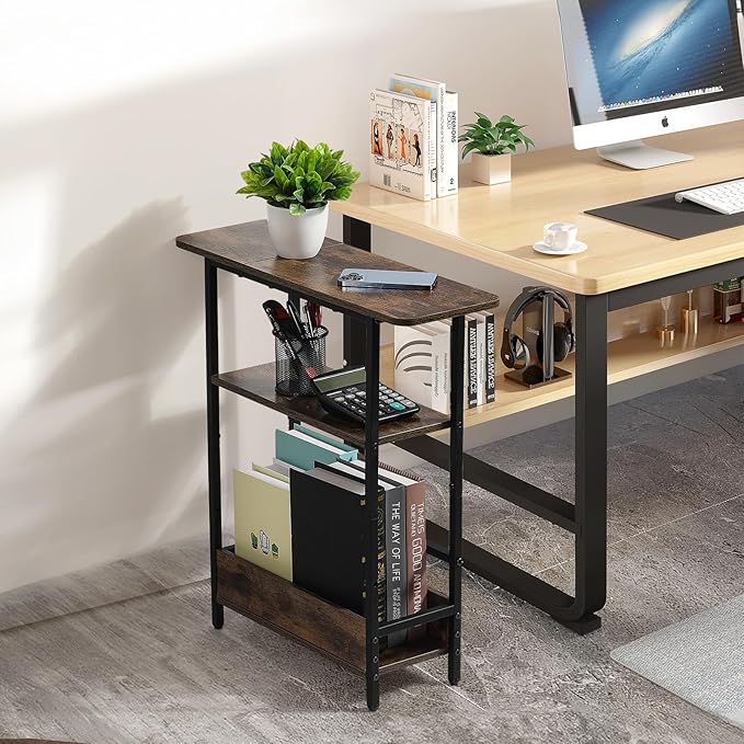Narrow Side Table for Small Spaces, 3-Tier Small End Table with Storage Shelf and Magazine Holder, Slim and Skinny Nightstand for Bedroom, Living Room Sofa Table for Space Saving, Brown