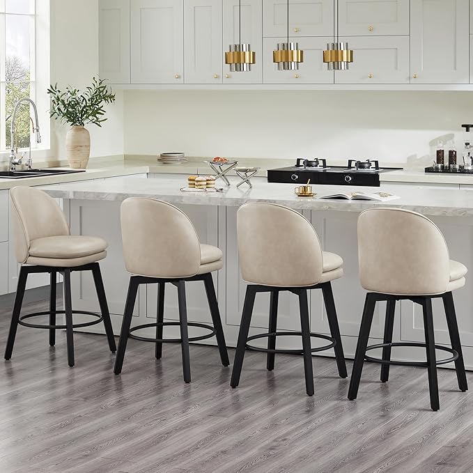 Counter Height Barstools 26 inch Upholstered Swivel Bar Stools with Back and Wood Legs for Kitchen Island,Set of 2,Beige PU Leather-Armless