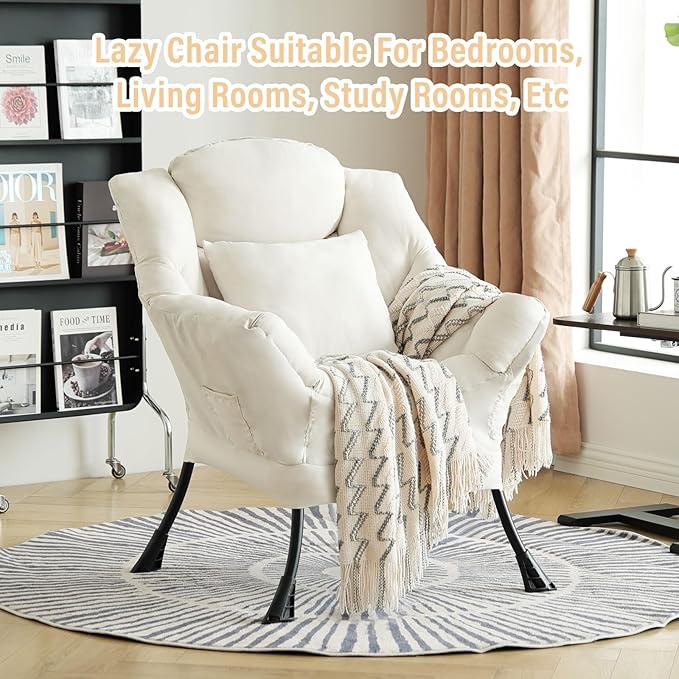 Lazy Chair with Pillow for Living Room, Modern Lounge Accent Chair with Armrests, Leisure Sofa Chair Set, Reading Chair for, Bedroom, Dorm Room, Office, Beige