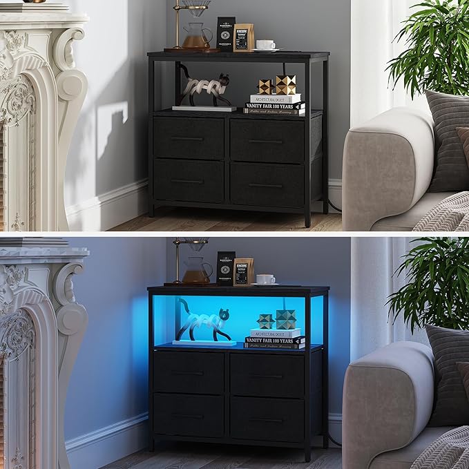 TUTOTAK LED Night Stand with Charging Station, Large Nightstand with USB and Type-C Port, Bedside Table with Cloth Drawers, End Table for Livingroom, Bedroom, Black TB01BK081L