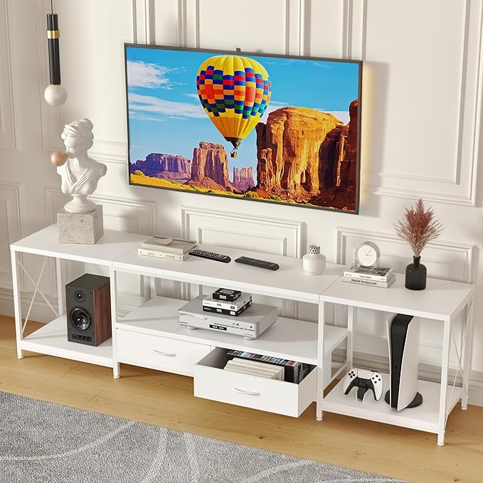 TV Stand with Fabric Drawer for 65 70 75 Inches TV - Entertainment Center and Industrial TV Console Table with Open Storage Shelves for Living Room, Bedroom - 63" White