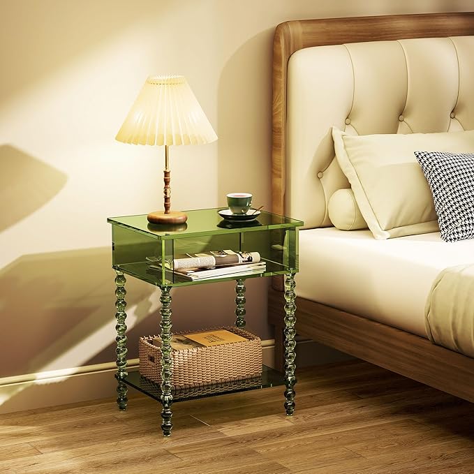 Acrylic Side Table, Clear 3-Tier End Table with Storage, Nightstand for Living Room, Bedroom, Office (Green, 11.8 ×15.7 × 19.7)