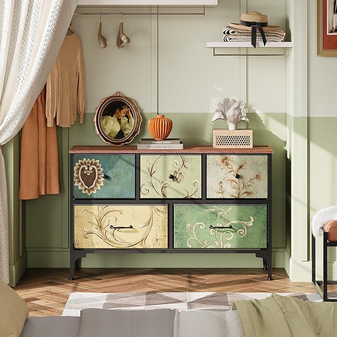 WLIVE Dresser for Bedroom with 5 Drawers, Wide Chest of Drawers, Fabric Dresser, Storage Organizer Unit with Fabric Bins for Closet, Living Room, Hallway, Floral Painted