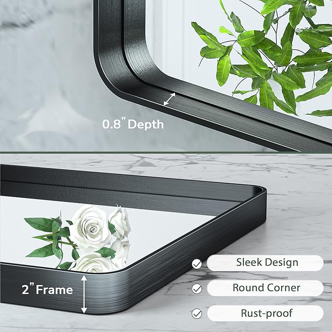 TokeShimi 60 x 40 Inch Black Bathroom Mirror for Wall with Non-Rusting Aluminum Alloy Metal Frame Rounded Corner Rectangle Mirror for Modern Farmhouse Home Decor Mirror(Horizontal/Vertical)
