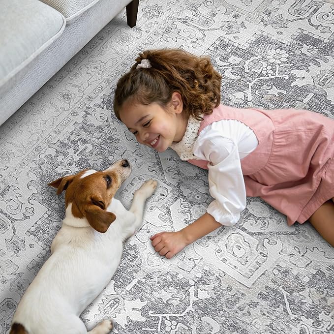 GENIMO Area Rugs 6x9 Machine Washable Rug for Living Room, Non Slip Vintage Indoor Rug, Low Pile Lightweight Chenille Print Carpet for Bedroom Dining Room Home Office