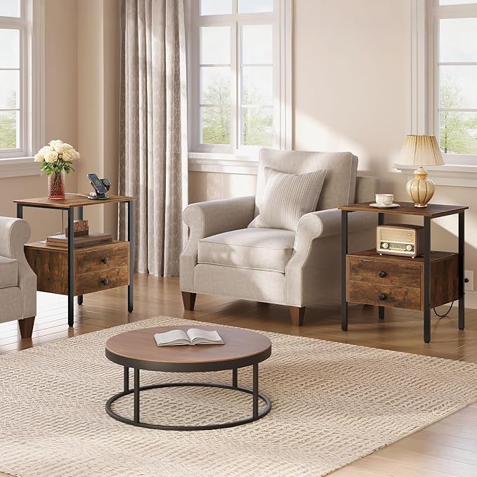 HOOBRO End Table Set of 2 with Charging Station, Nightstand with 2 Drawer & USB Ports & Power Outlets, Bedside Table for Small Spaces, Stable and Sturdy, for Living Room, Rustic Brown BF43UBZP201
