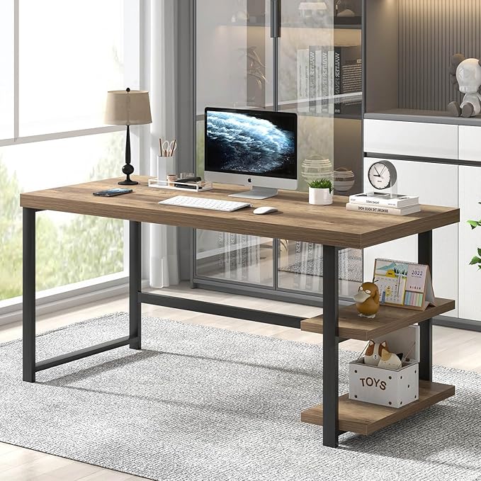 FOLUBAN 60 Inch Home Office Desk, Large Computer Desk with Storage Shelves, Modern Wood and Metal Writing Study Gaming Table Workstation for Living Room, Rustic Oak
