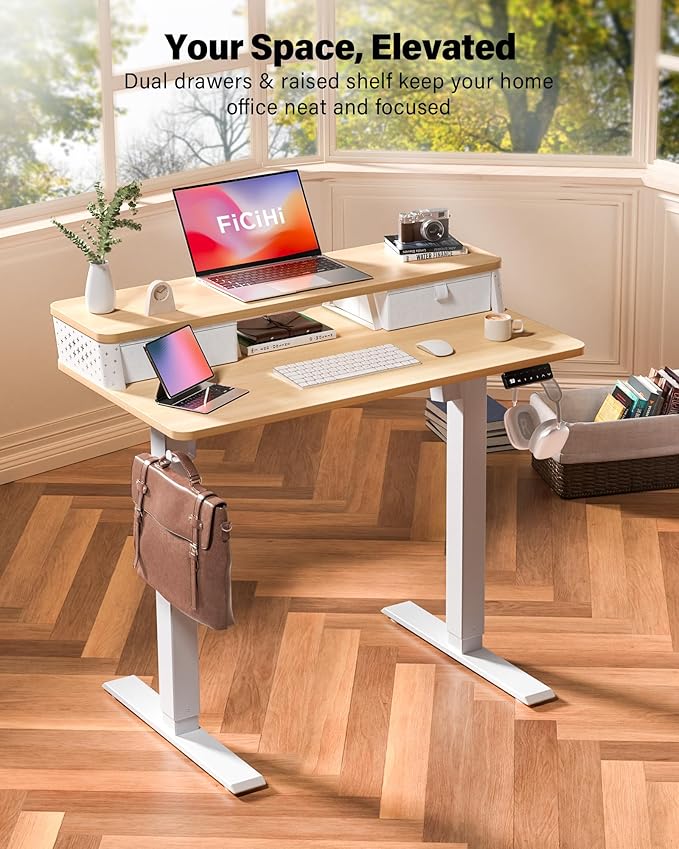 35x20 Inch Standing Desk with Double Drawers, C-Clamp Mount Compatible, Electric Adjustable Height Computer Stand Up Desks, Home Office Sit Stand Table with 3 Preset Heights & 2 Hooks, Natural