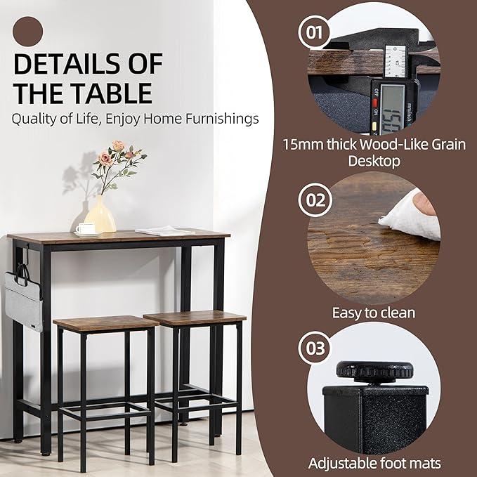 Finnhomy Bar Table Set, 39.3" Pub Table High Top Table, Rectangular Bar Height Table, Bar Table with Stools, Kitchen Table Set for 2, Industrial Breakfast for Kitchen, Living Room, Rustic Brown