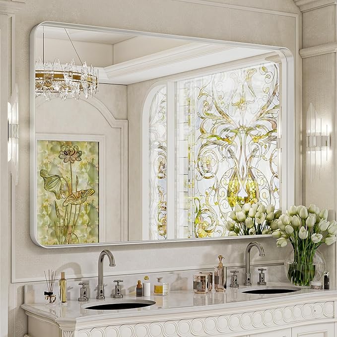 Bathroom Mirror 30x48 inch, Silver Gorgeous Deep Frame Wall Mirror, Modern Round Corner Bathroom Vanity Mirror for Bedroom, Living Room, Hanging or Leaning Horizontal or Vertical, Silver