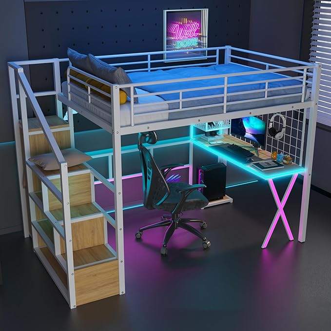 Merax Full Size Metal Loft Bed with Built-in Work Station, Wardrobe, Storage Staircase and LED, Gaming Bed for for Kids Teens Adults, Full-Length Guardrails, No Box Spring Needed, White