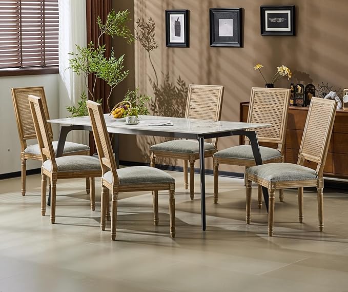 Merax Upholstered Solid Wood Dining Chairs Set of 6, French Country Style Accent Side Seating Furniture for Kitchen, Living Room, Wicker Back, Grayish Green
